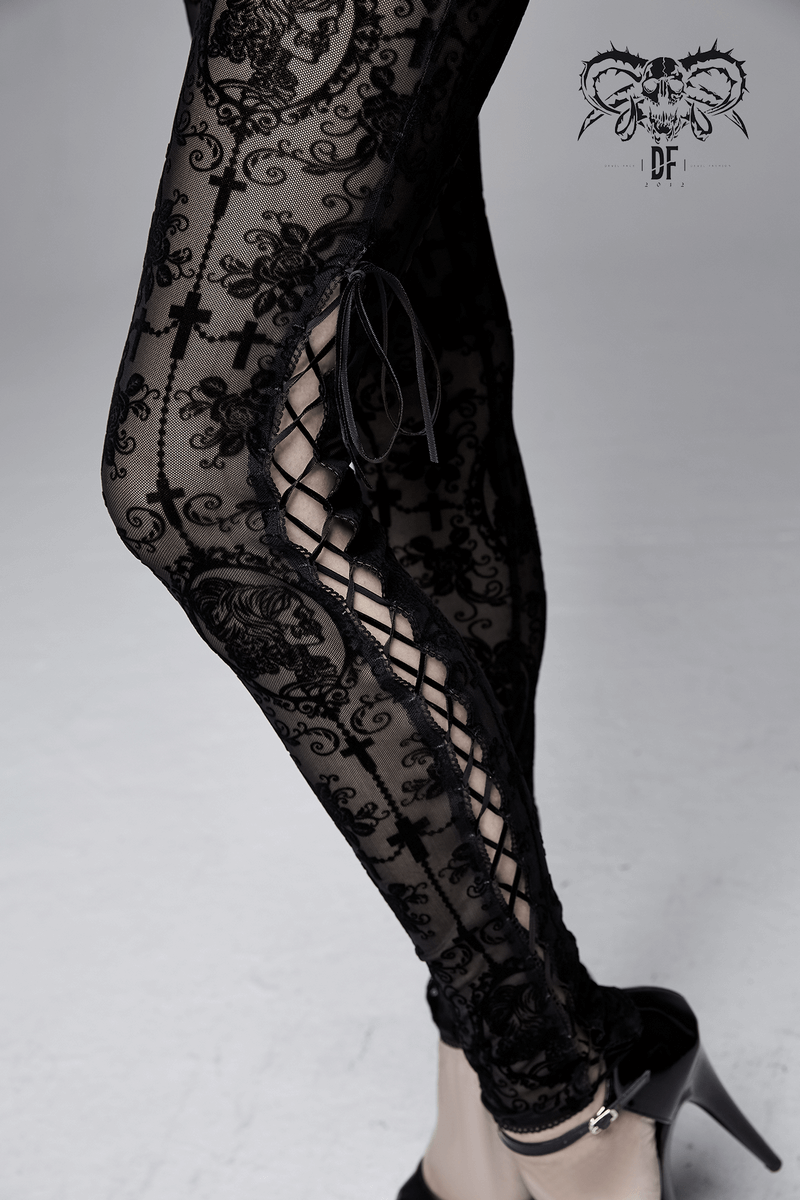 Elegant women's black transparent mesh leggings with lace-up details, perfect for gothic fashion enthusiasts.