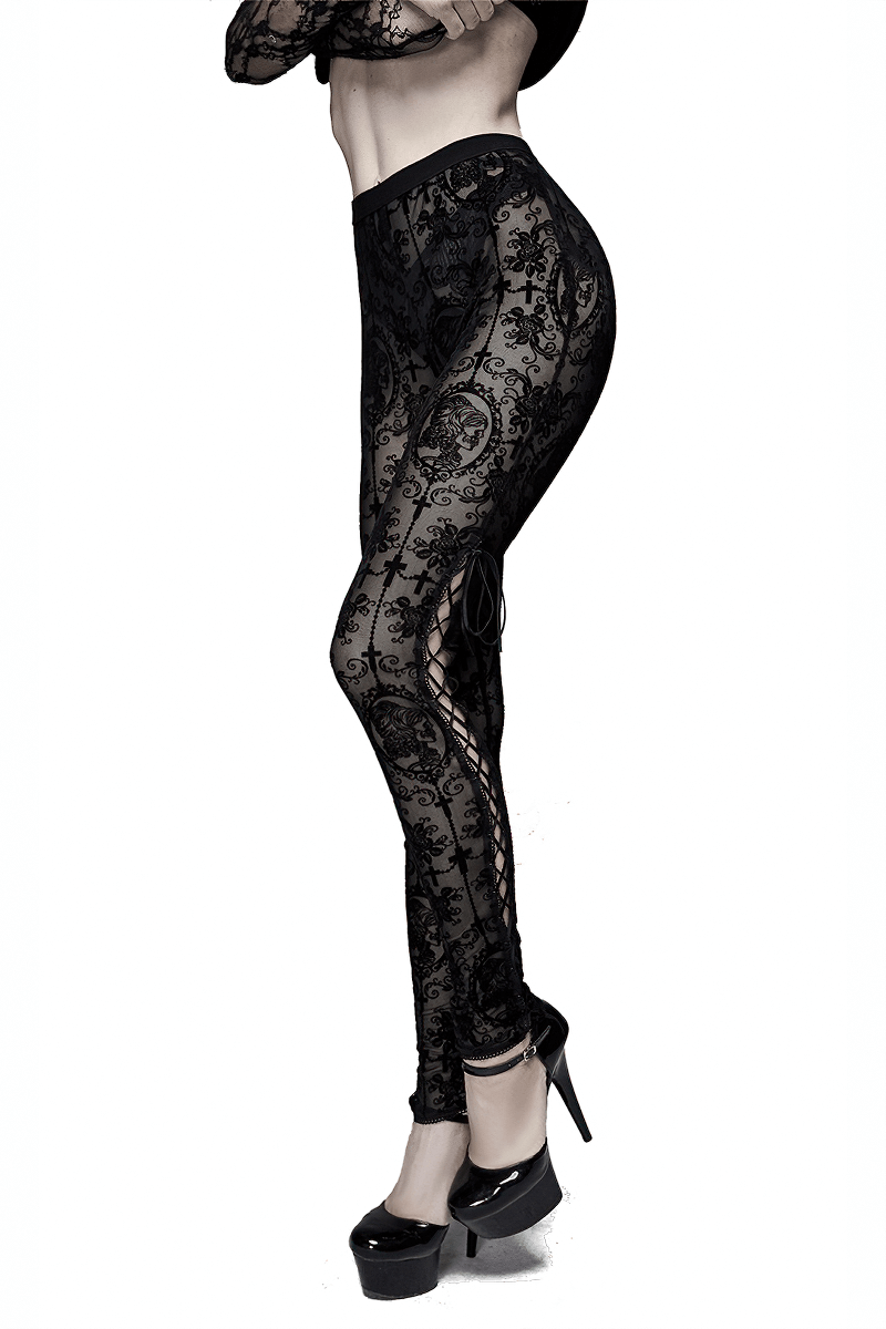 Elegant women's black transparent mesh leggings with lace details, perfect for gothic-inspired outfits.