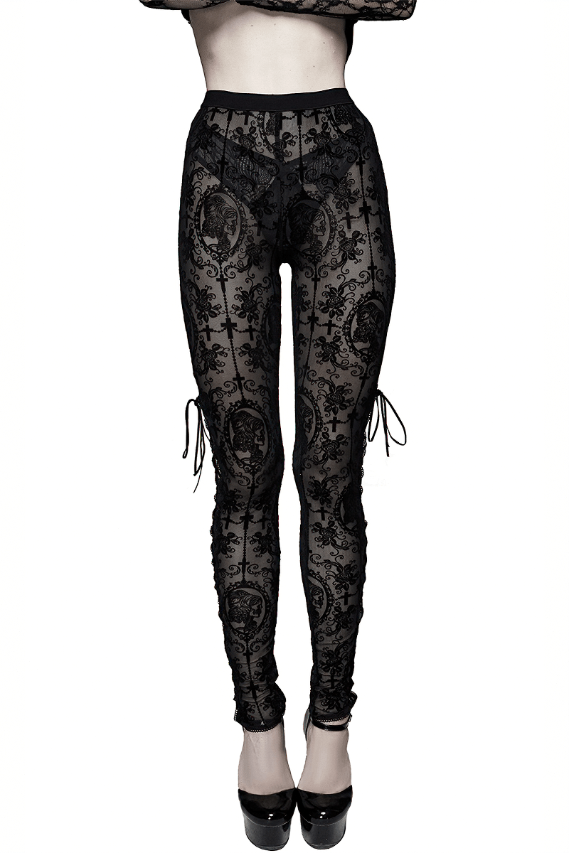 Women's Black Transparent Mesh Leggings with Lace Up / Elegant Gothic Leggings with High Waist - HARD'N'HEAVY