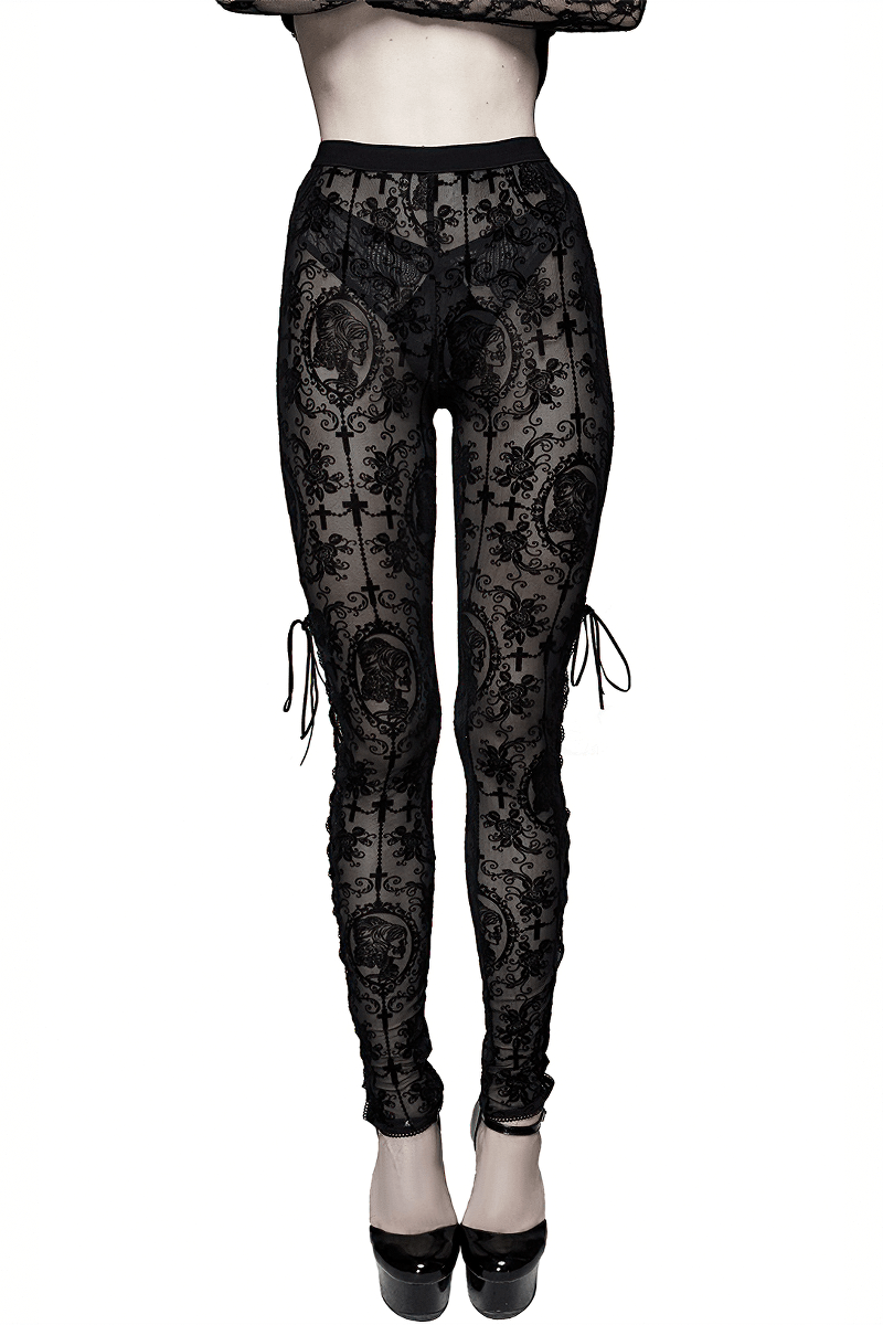 Elegant women's black transparent mesh leggings with lace-up details, perfect for gothic and stylish outfits.
