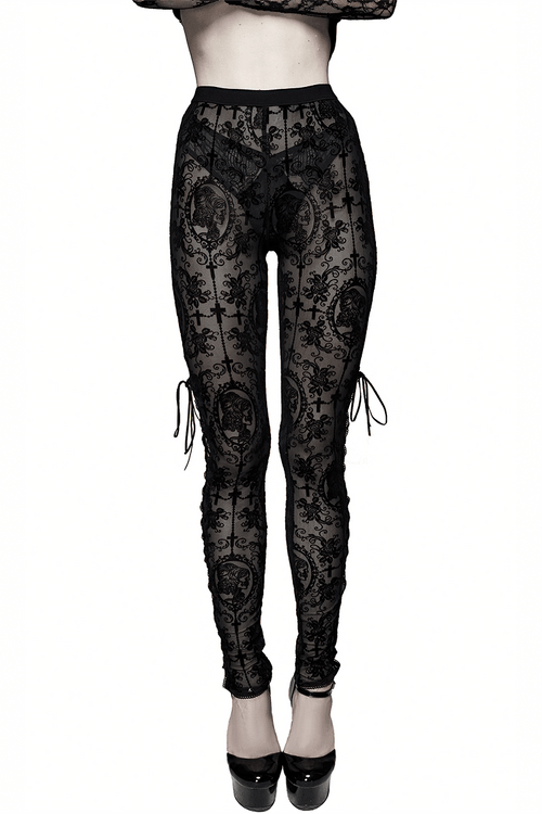 Women's Black Transparent Mesh Leggings with Lace Up / Elegant Gothic Leggings with High Waist