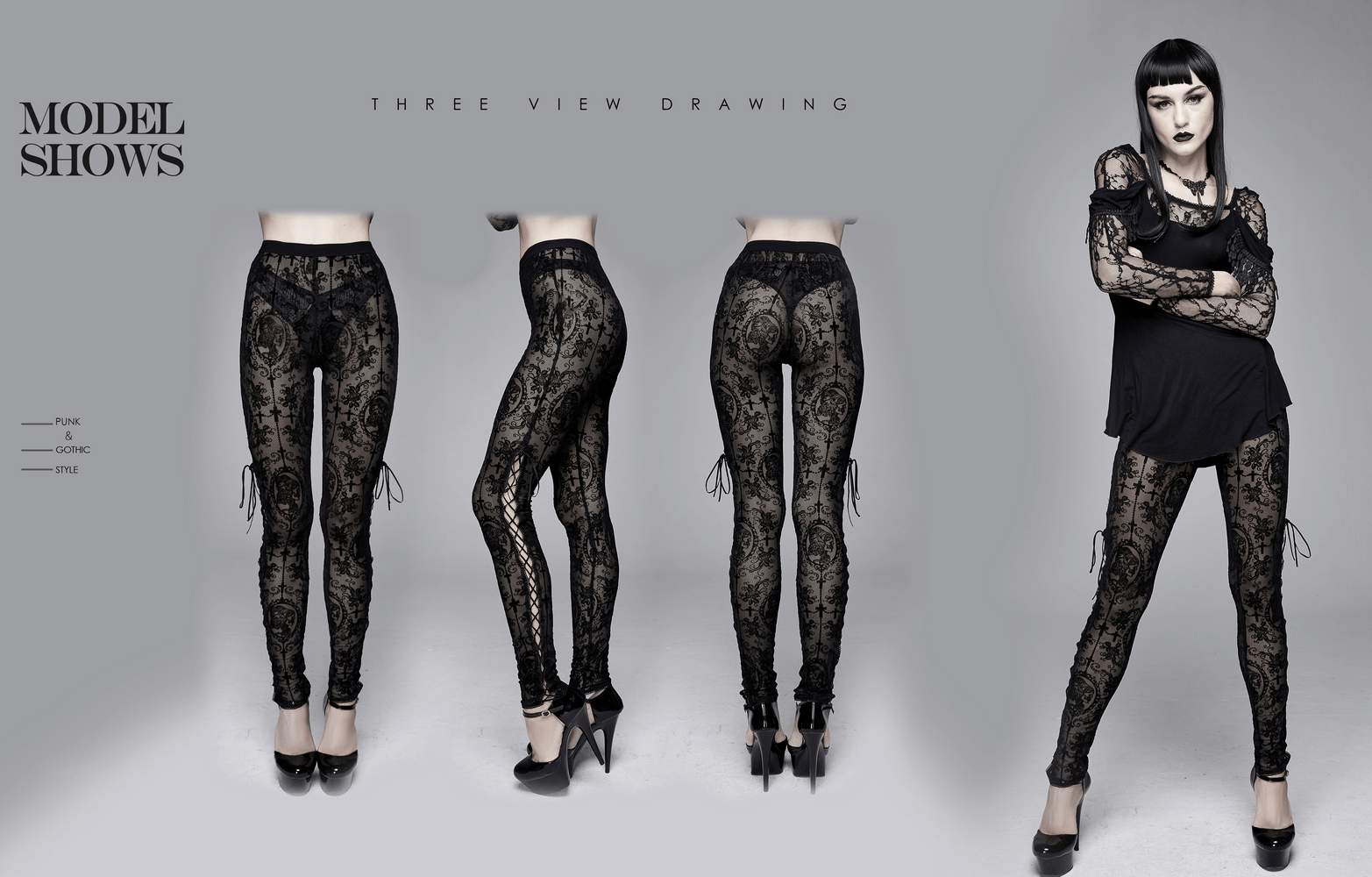 Three-view drawing of women's black transparent mesh leggings with lace-up details, showcasing a gothic style outfit.