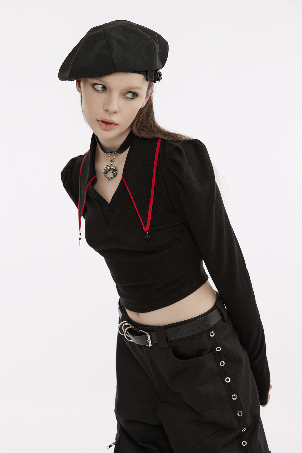 Women's Black V-Neck Long Sleeves Top with Red Trim
