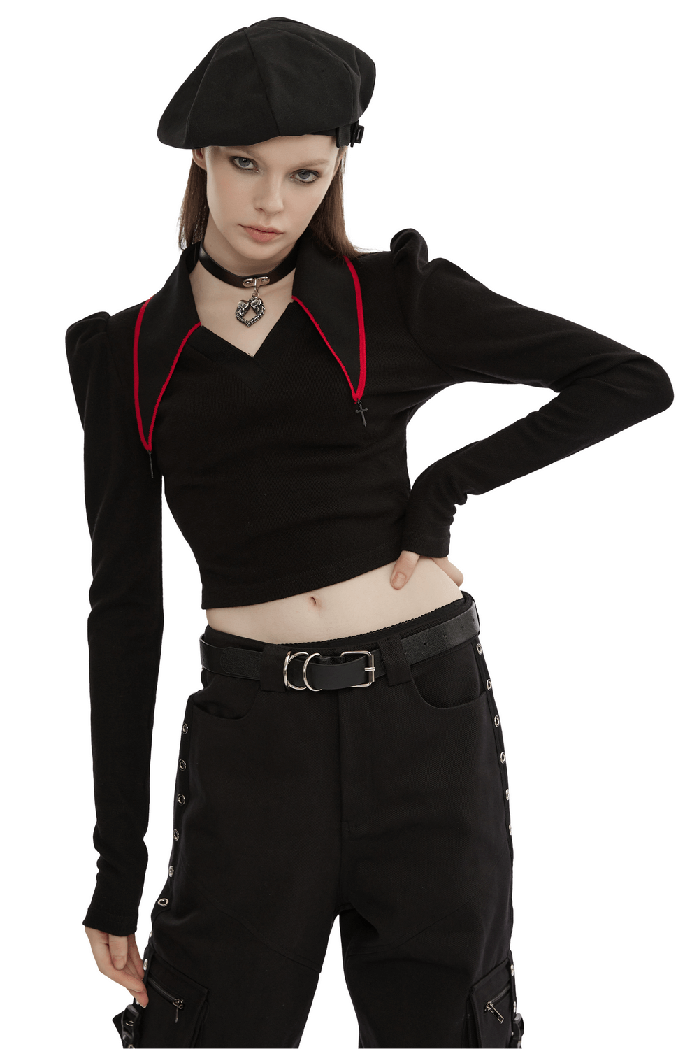 Women's Black V-Neck Long Sleeves Top with Red Trim
