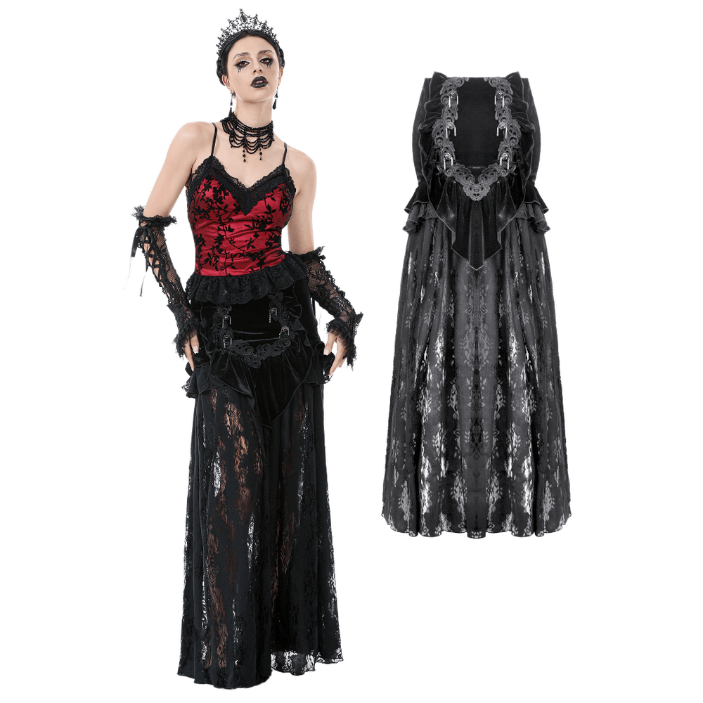 Gothic-inspired black velvet and lace maxi skirt with corset back, layered ruffles, and sheer floral overlay.