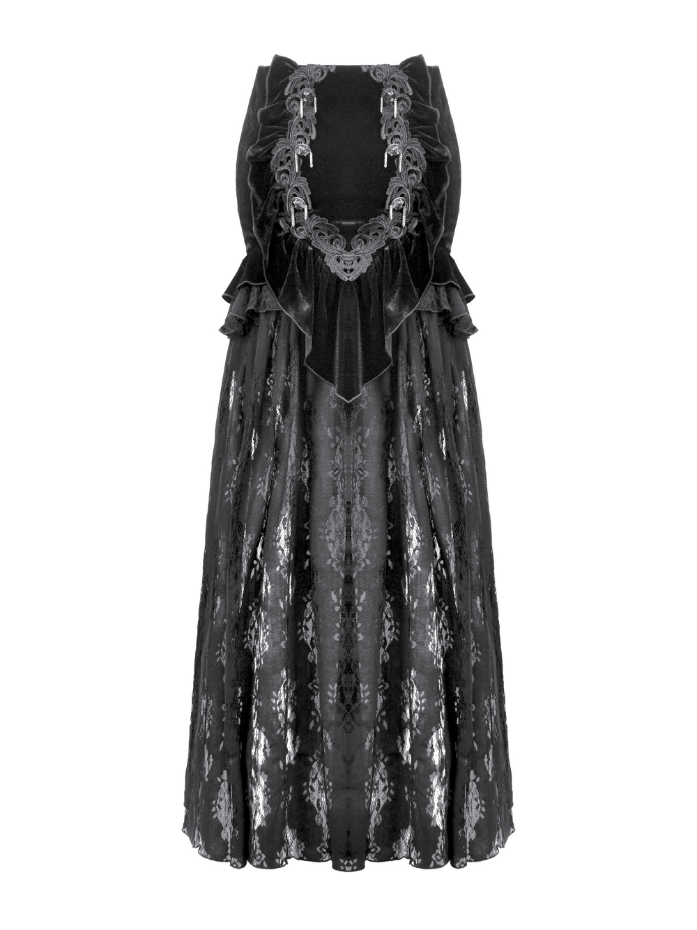 Gothic-inspired black velvet and lace maxi skirt with corset back and ruffled trim, perfect for dramatic evening wear.