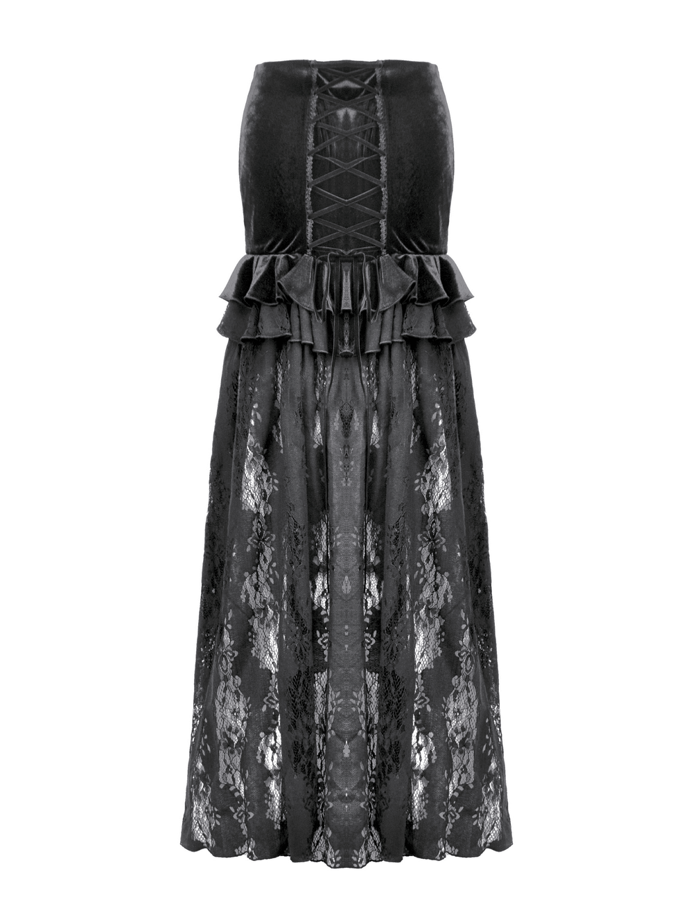 Victorian-inspired black velvet and lace maxi skirt with ruffles and corset back for gothic fashion.