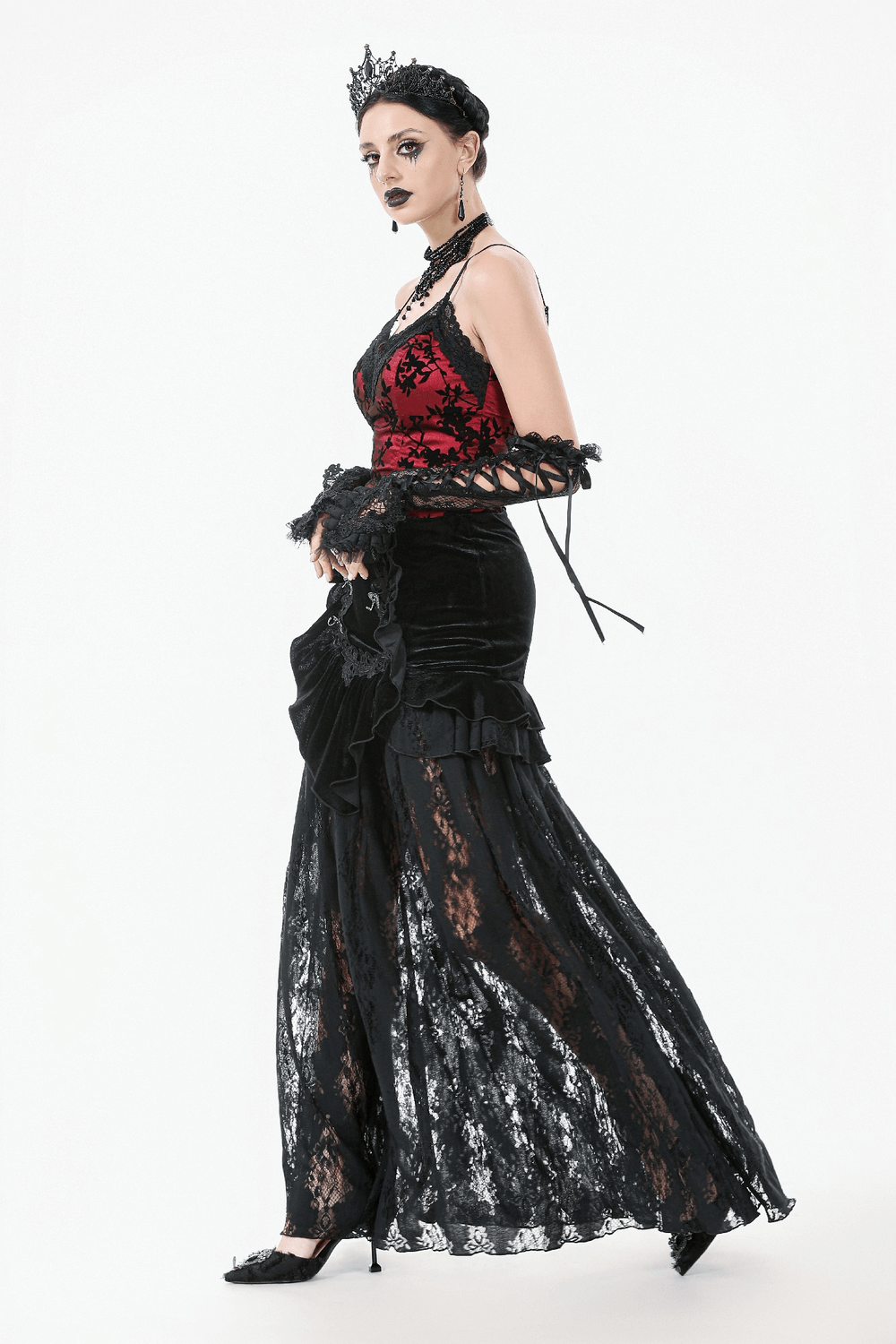 Gothic elegance: Women's black velvet and lace maxi skirt with corset back, perfect for dramatic evening wear.
