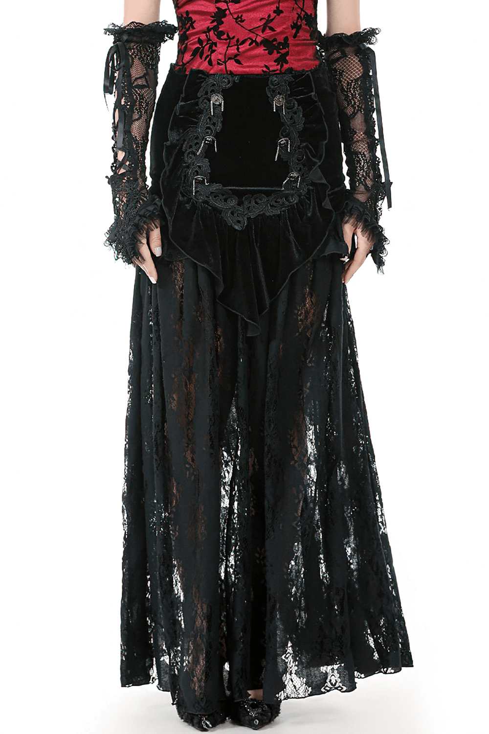 Elegant women's black velvet and lace maxi skirt with corset back, perfect for gothic and dramatic fashion.