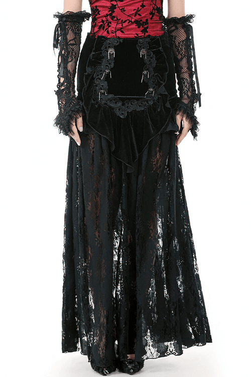 Women's Black Velvet and Lace Maxi Skirt with Corset Back