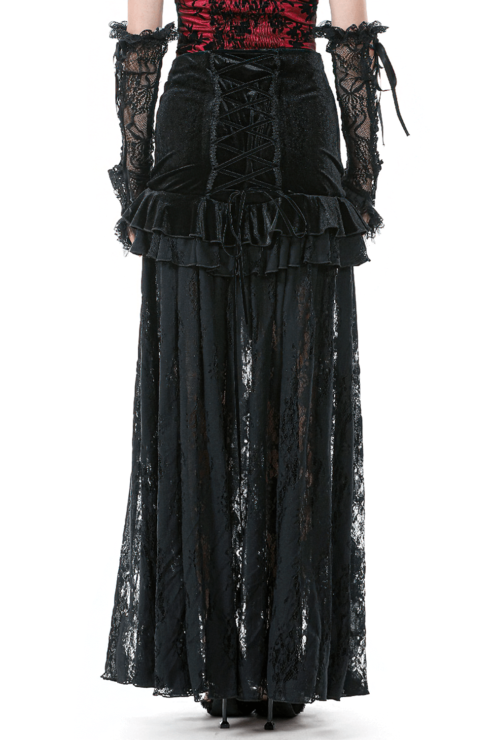 Victorian-inspired black velvet and lace maxi skirt with corset back and layered ruffles.