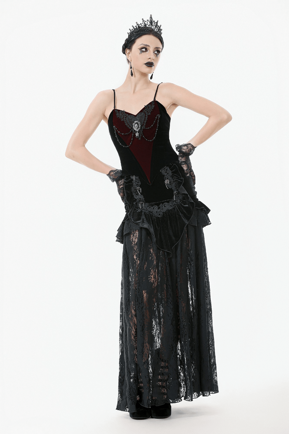 Gothic elegance: Black velvet and lace maxi skirt with corset back, showcasing ruffles and sheer floral details.