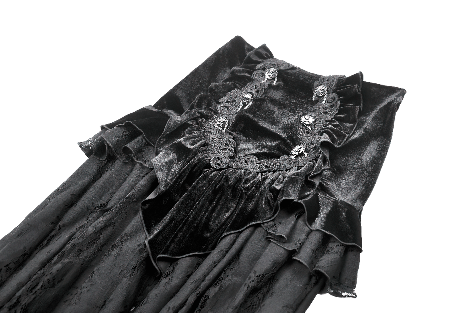 Women's black velvet and lace maxi skirt with corset back and ruffled details, embodying gothic elegance.