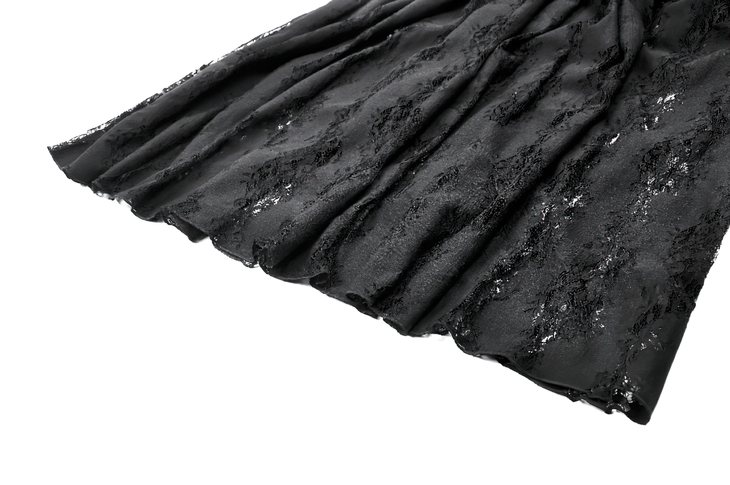 Black velvet and lace maxi skirt featuring intricate ruffles and sheer floral lace overlay for a gothic, romantic look.