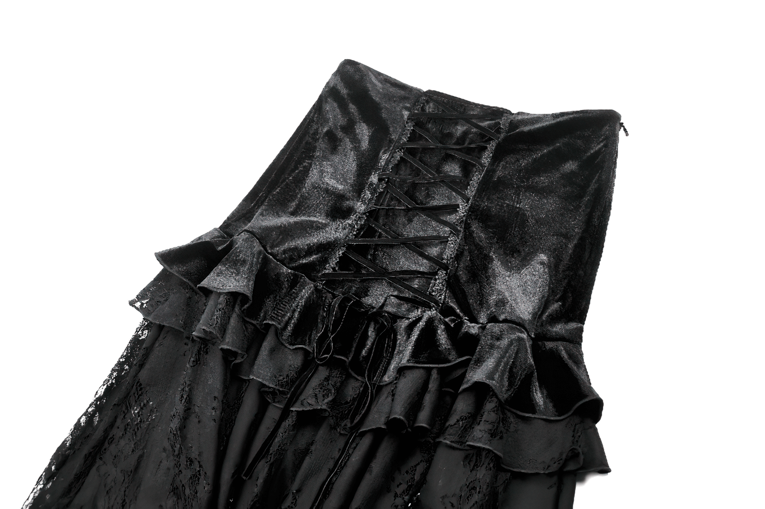 Close-up of women's black velvet maxi skirt with lace detailing and corset back, embodying gothic elegance.