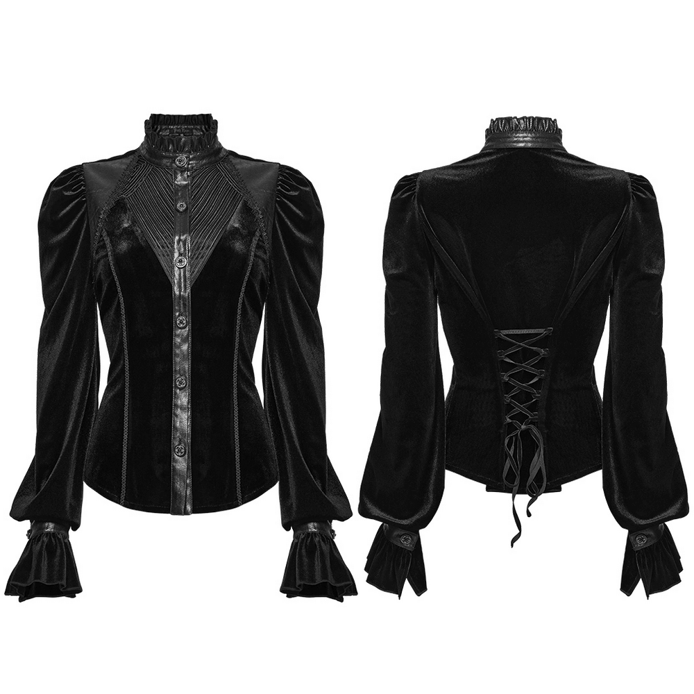 Women's Black Velvet Blouse with Lace Up Back Detail showcasing gothic elegance with puffed sleeves and embroidered front.