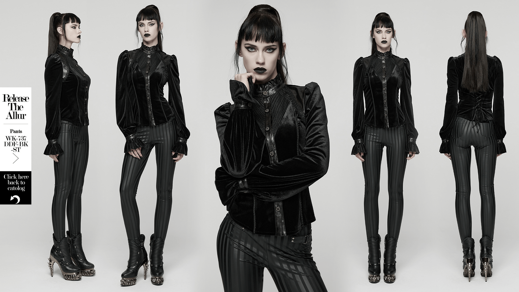 Women's Black Velvet Blouse with Lace Up Back Detail styled with edgy black pants and platform heels.