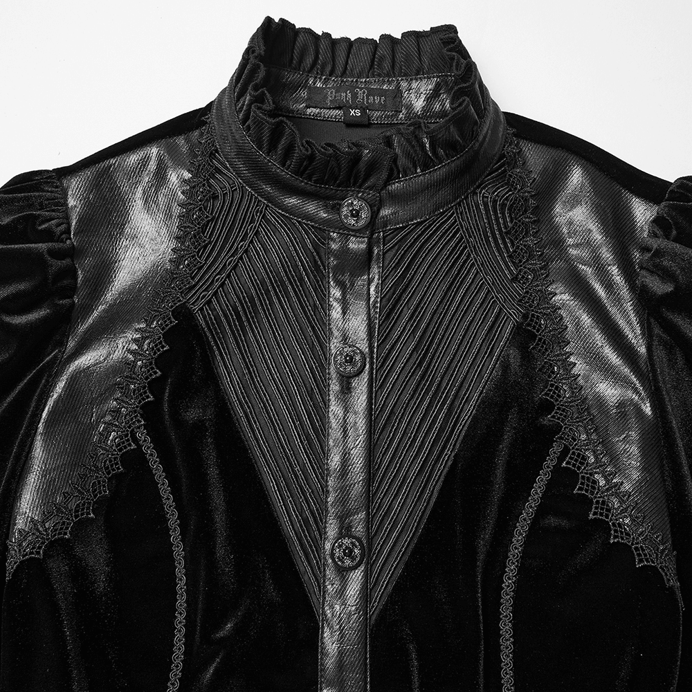 Women's Black Velvet Blouse with Lace Up Back Detail featuring intricate lace and elegant puffed sleeves.