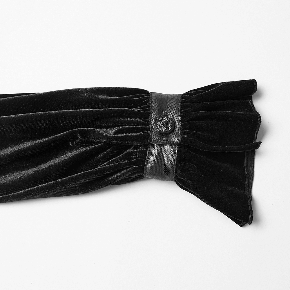 Women's Black Velvet Blouse with Lace Up Back Detail, featuring intricate puffed sleeves and leather-like textured cuffs.