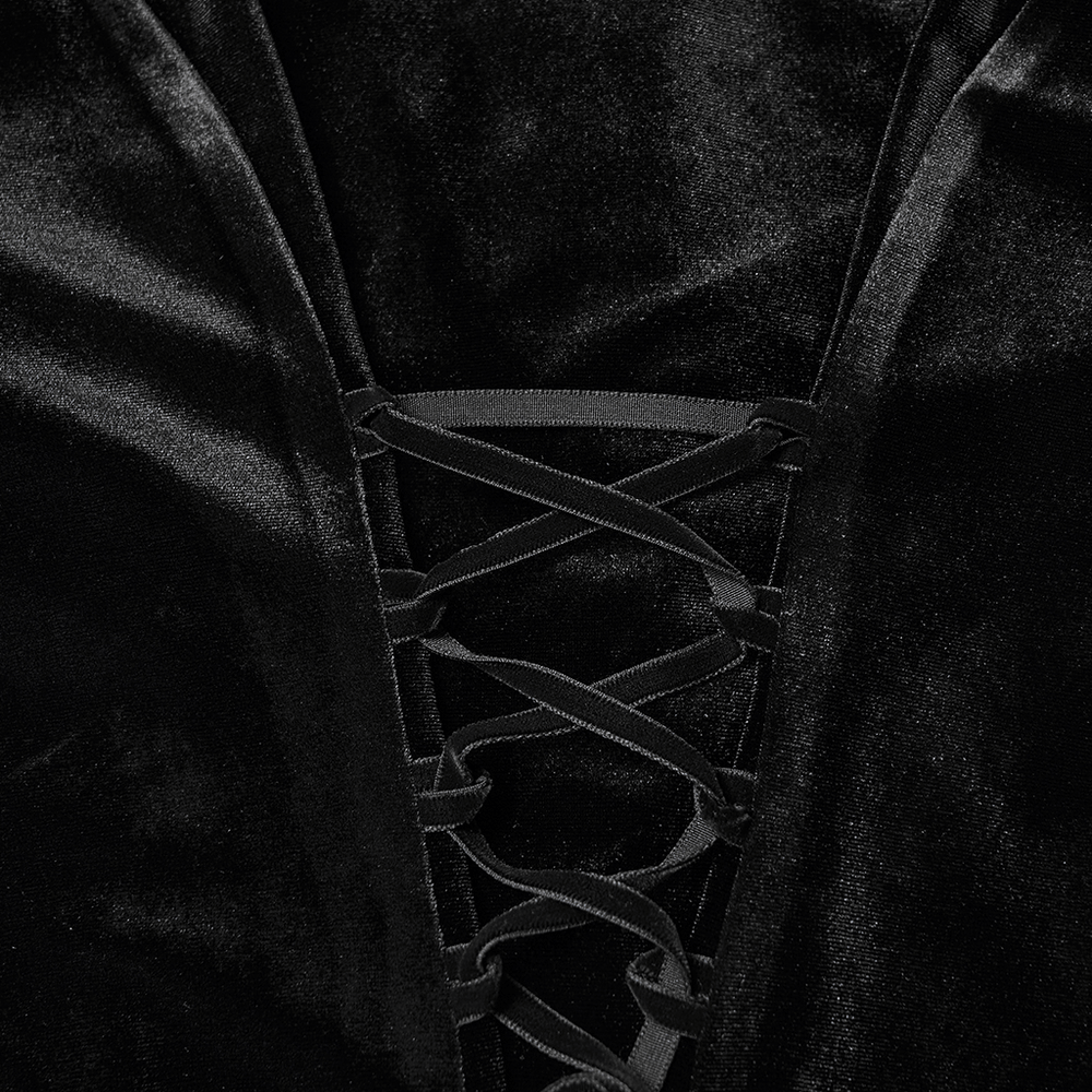 Women's Black Velvet Blouse with Lace Up Back Detail showcasing intricate lace-up design on the back.