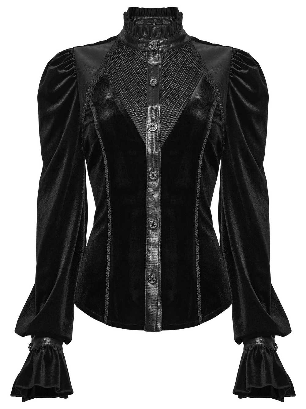 Women's Black Velvet Blouse with Lace Up Back Detail featuring a luxurious velvet texture and dramatic puffed sleeves.