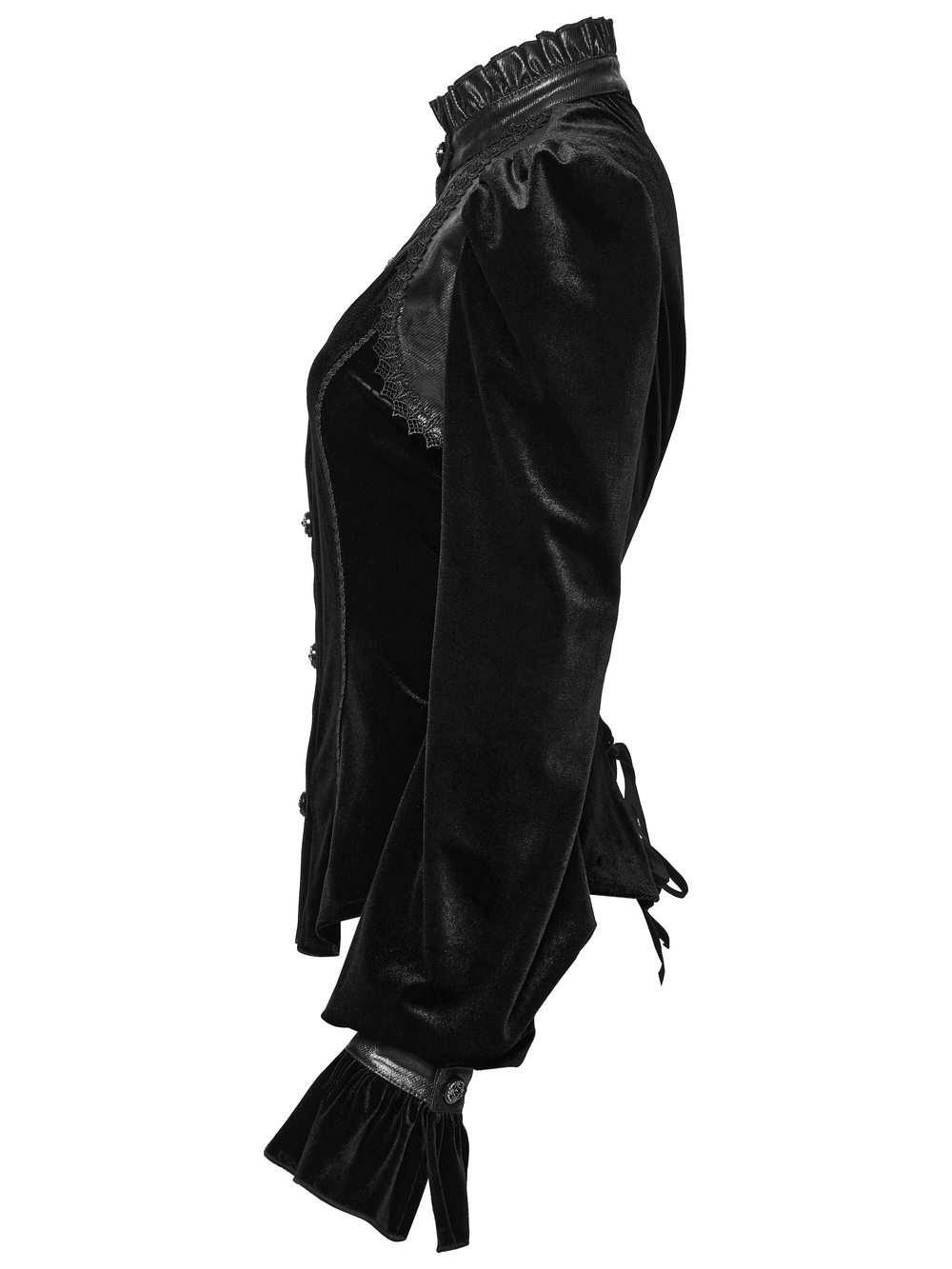Women's Black Velvet Blouse with Lace Up Back Detail side view showcasing puffed sleeves and lace embellishments.