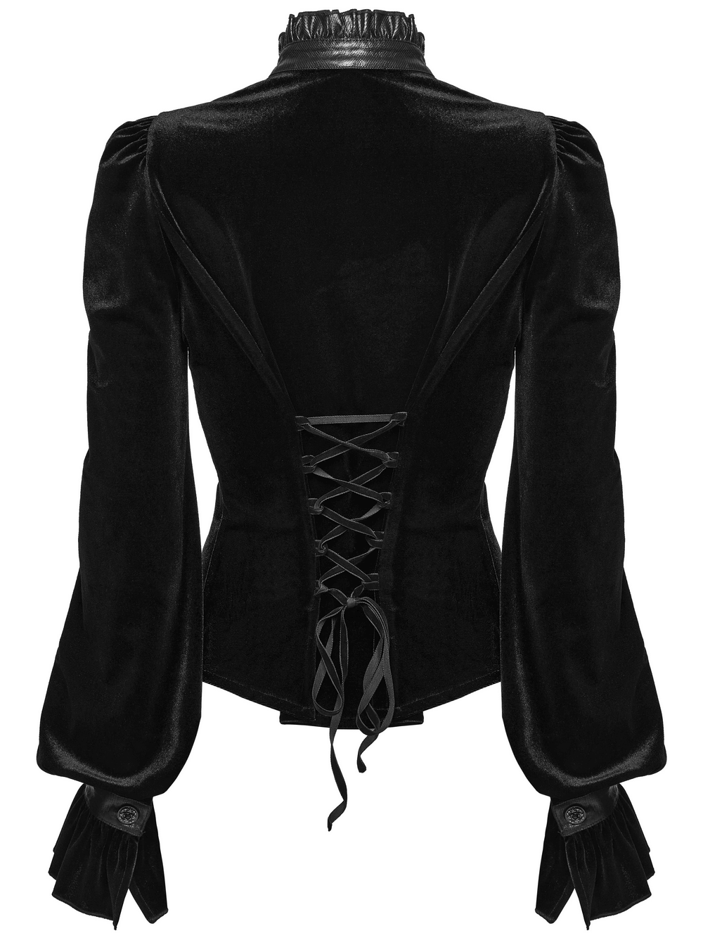 Women's Black Velvet Blouse with Lace Up Back Detail showcasing the intricate lace-up back and elegant puffed sleeves.