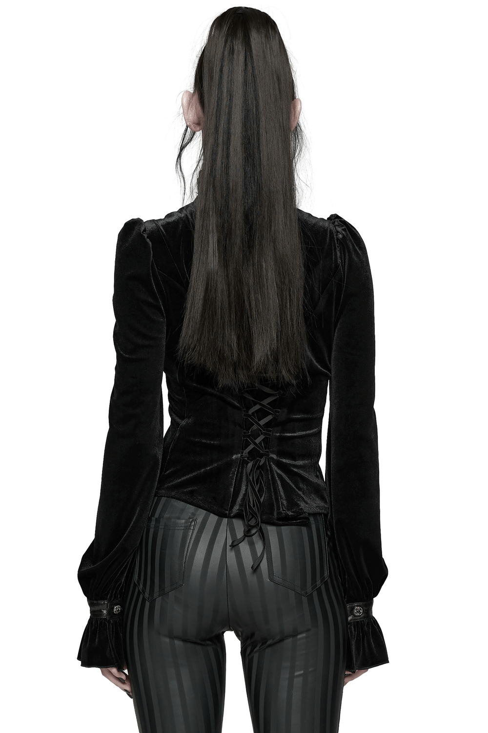 Women's Black Velvet Blouse with Lace Up Back Detail showcasing the elegant lace-up back and vintage puffed sleeves.