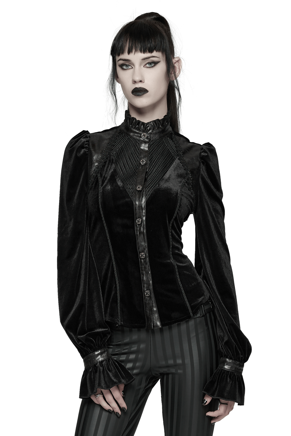 Women's Black Velvet Blouse with Lace Up Back Detail featuring puffed sleeves and a vintage gothic style.