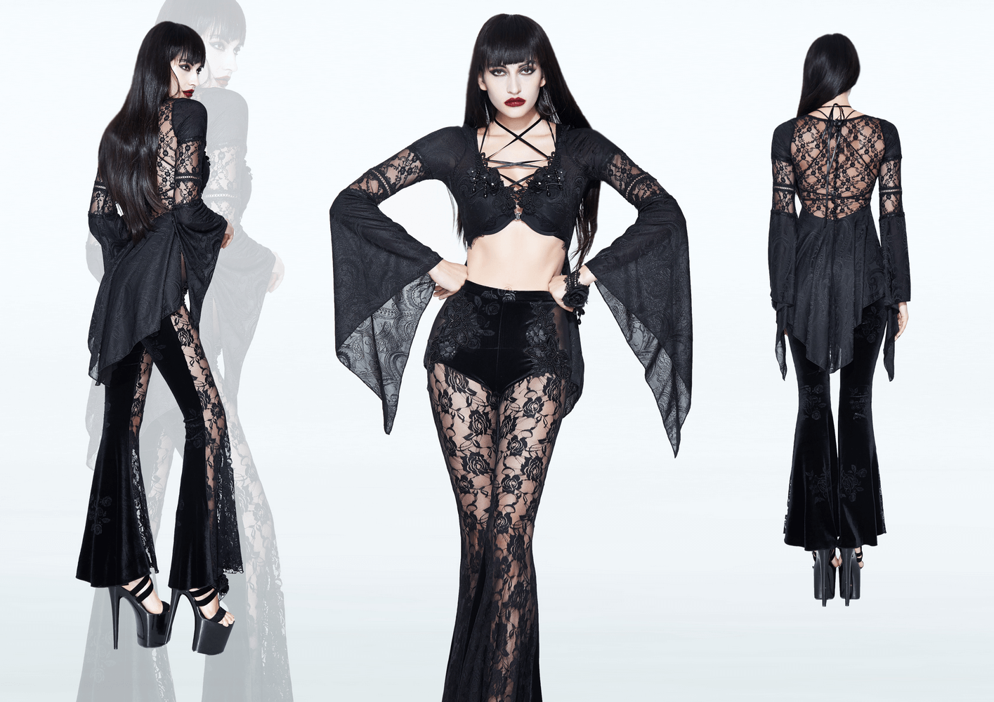 Women's Gothic black velvet flares with lace inserts, featuring a stylish model showcasing elegant attire.