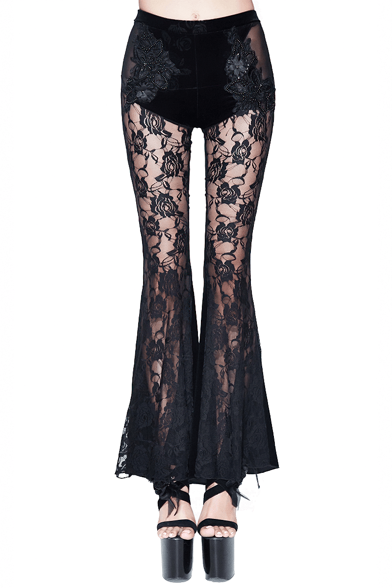 Women's black velvet flared pants with lace and embroidery, perfect for an elegant gothic look.