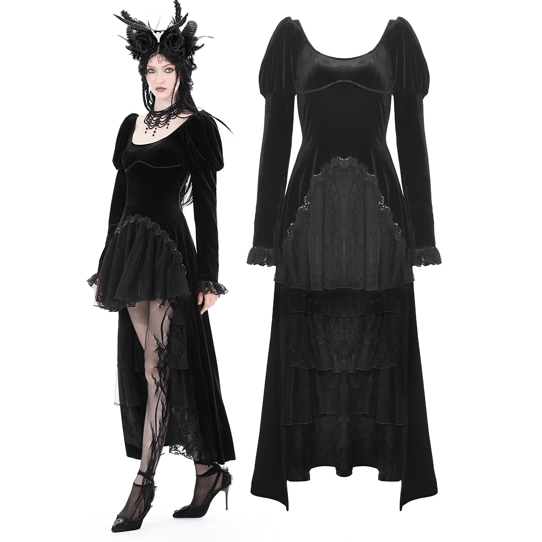Women's Black Velvet Gothic High-Low Lace Hem Dress with ruffle neckline and lace details, perfect for a daring evening out.