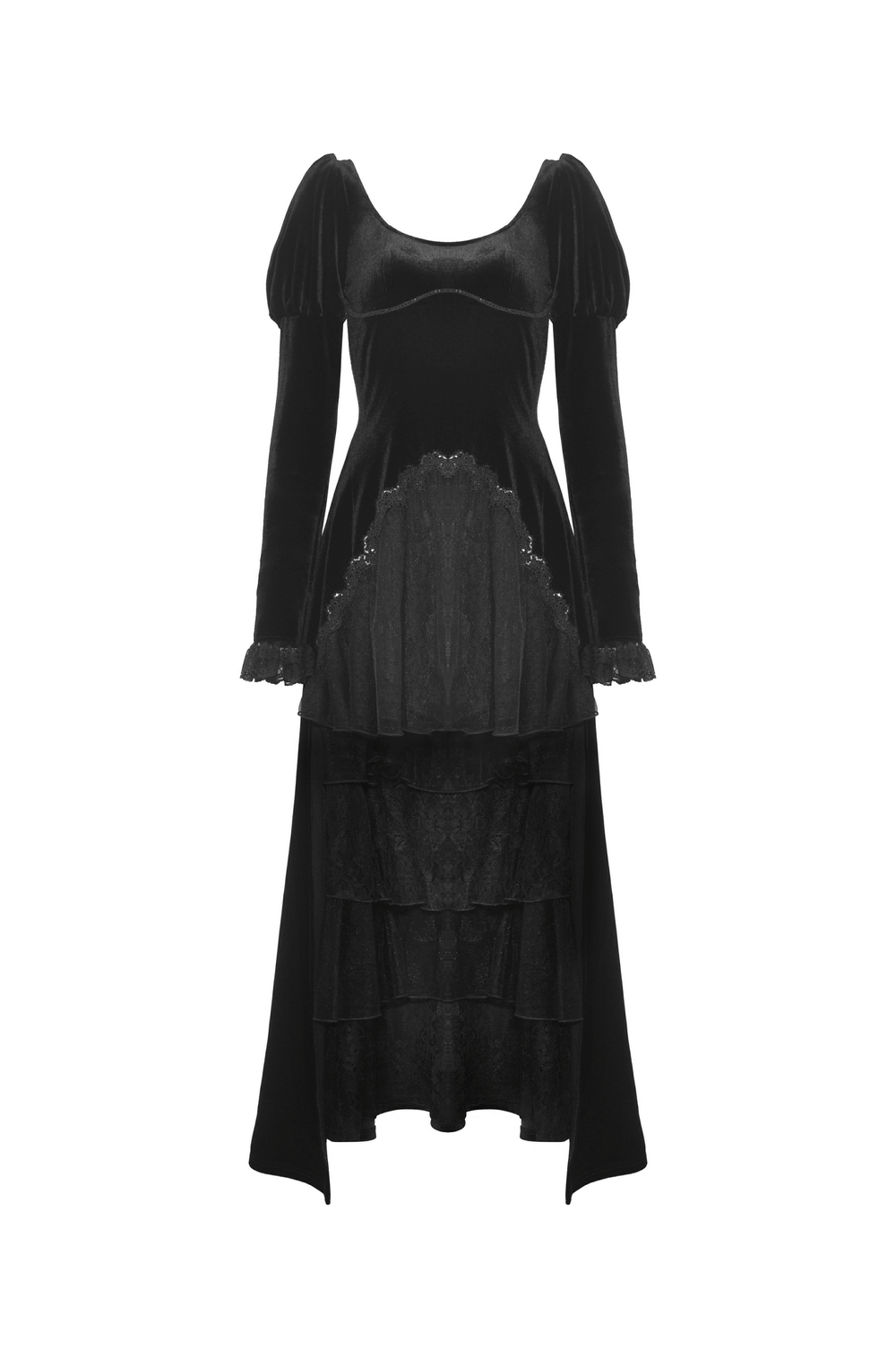 Women's Black Velvet Gothic High-Low Dress with Ruffle Neckline and Lace Hem, perfect for nighttime elegance.