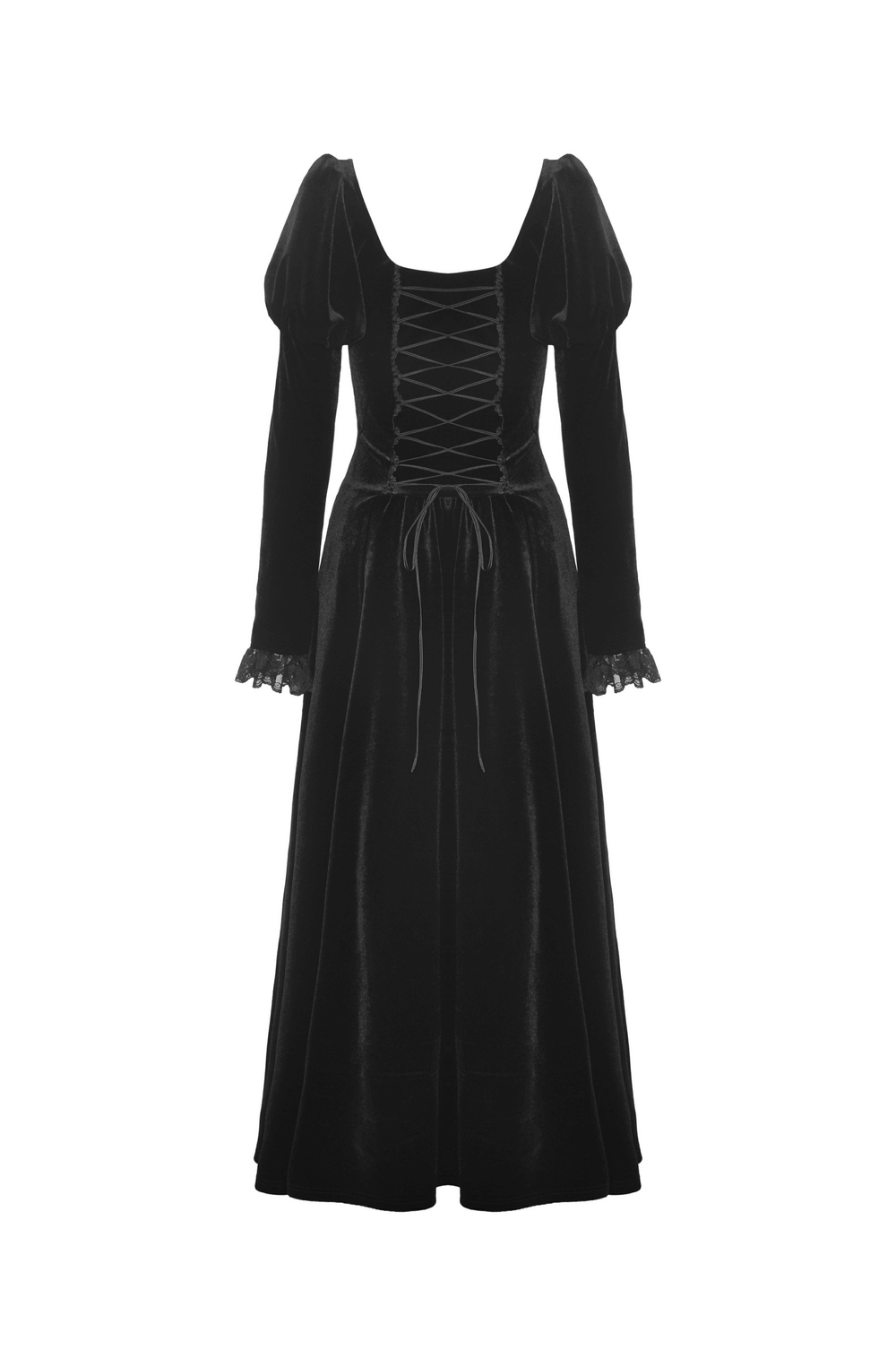 Elegant black velvet gothic dress with ruffled neckline and lace hem, perfect for a dramatic evening.