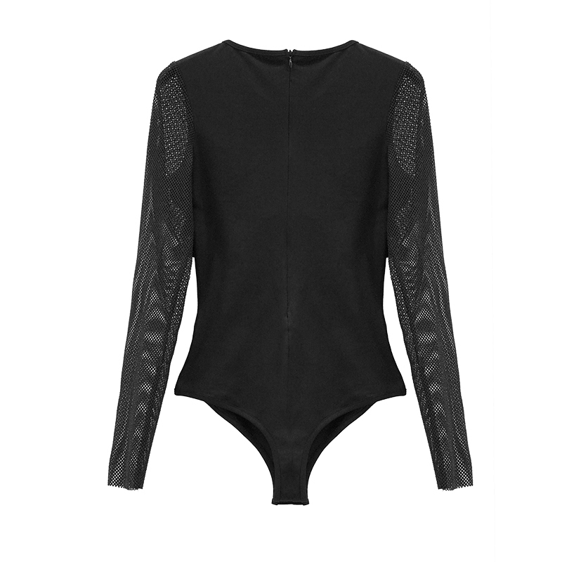 Women's black bodysuit with PU leather straps and mesh sleeves, showcasing punk fashion style.