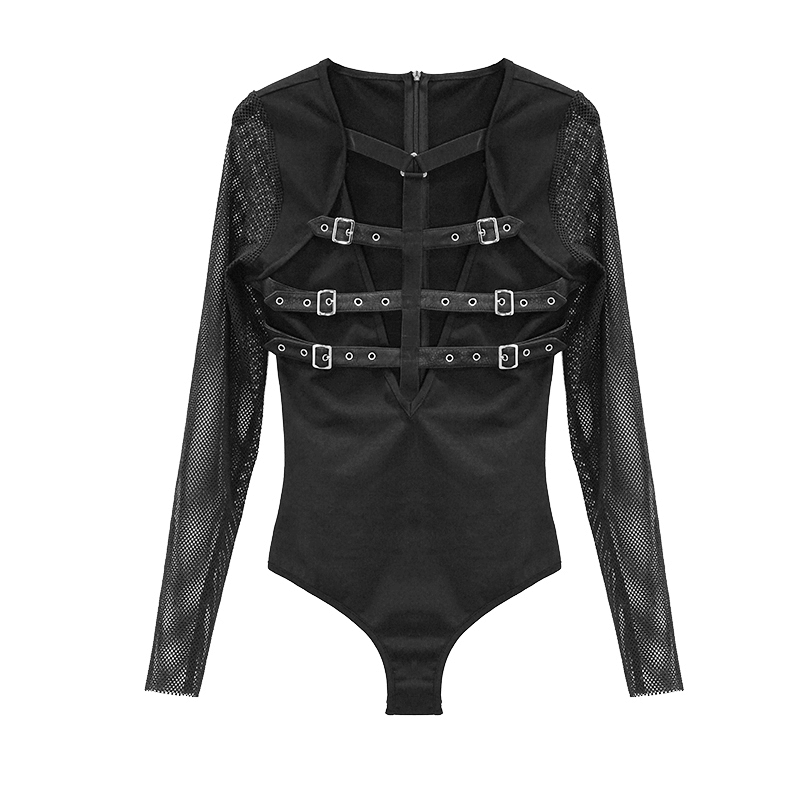 Stylish women's black bodysuit with PU leather bondage straps and mesh sleeves, perfect for punk fashion lovers.