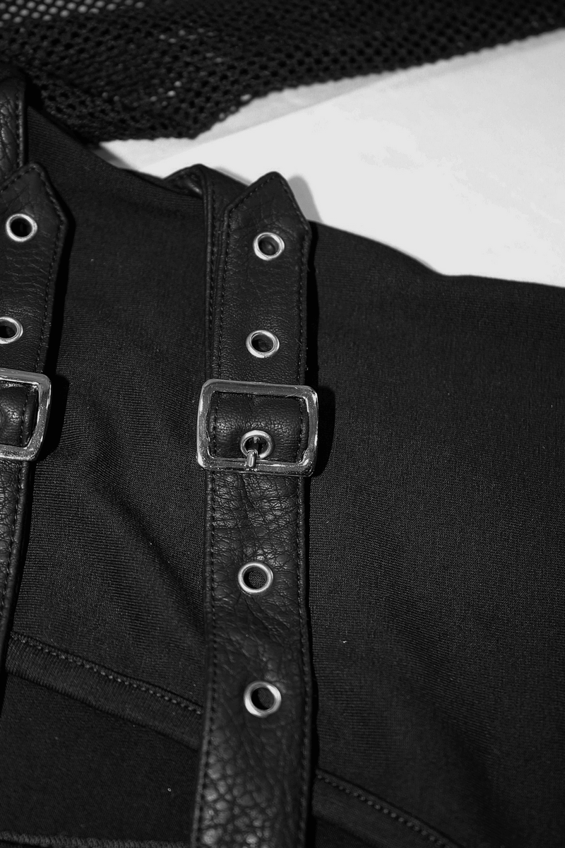 Close-up of black bodysuit with PU leather straps and metal details, showcasing punk fashion style.