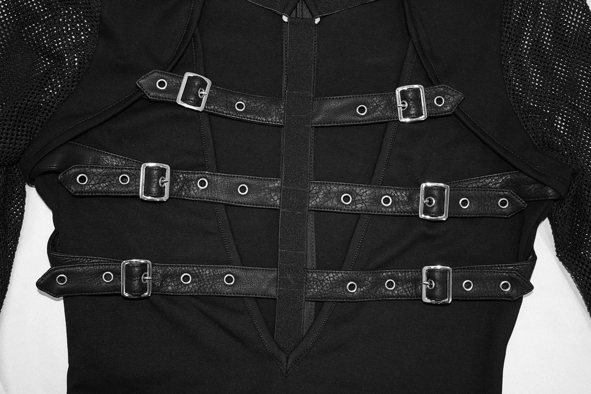 Close-up of women's black bodysuit featuring PU leather bondage straps and mesh sleeves for a punk style.