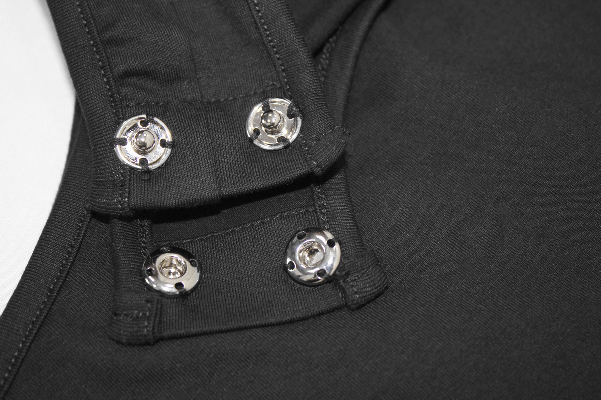Close-up of black bodysuit detailing with silver snap buttons for a punk stylish look.