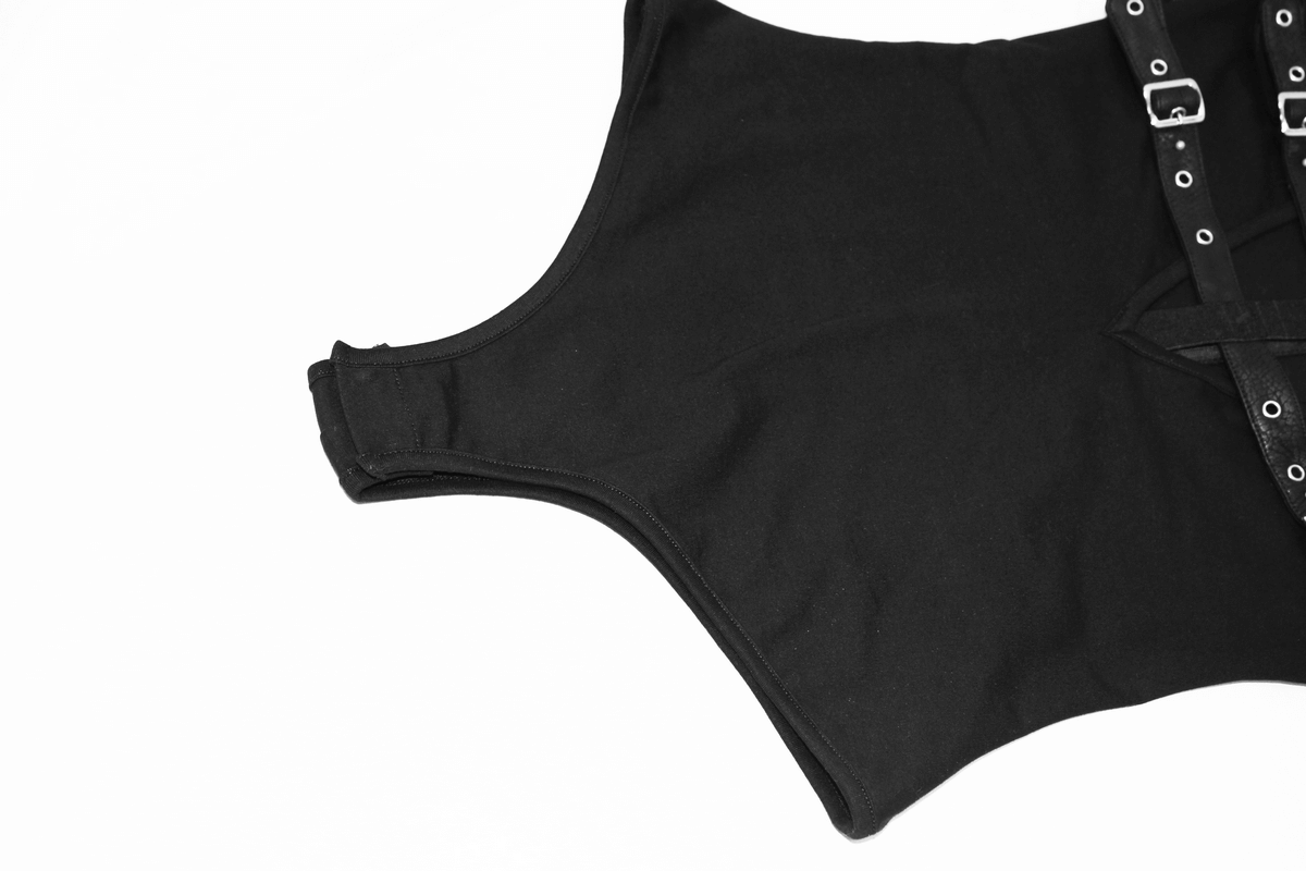 Close-up of a black women's bodysuit featuring PU leather bondage straps and a sleek design.