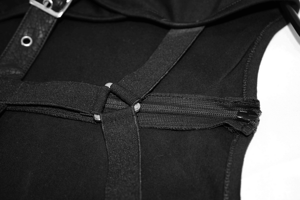 Close-up of black bodysuit featuring PU leather bondage straps and mesh detail for a punk-inspired look.