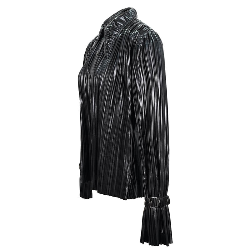 Women's bright black pleated blouse with long ruffle sleeves and pointed collar in cyberpunk style.