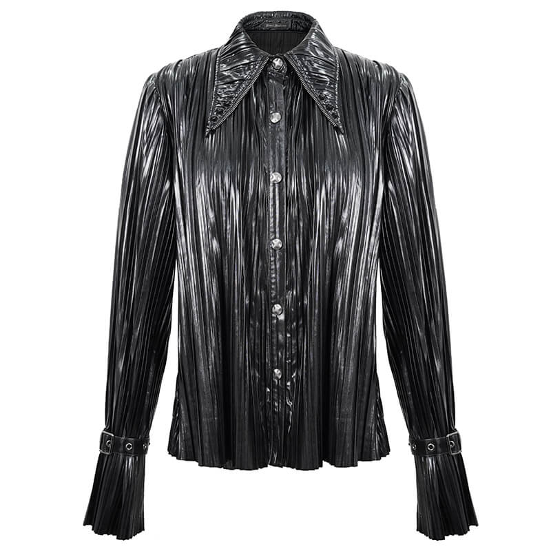 Women's black pleated long-sleeve blouse with ruffle collar, perfect for a stylish cyberpunk wardrobe.
