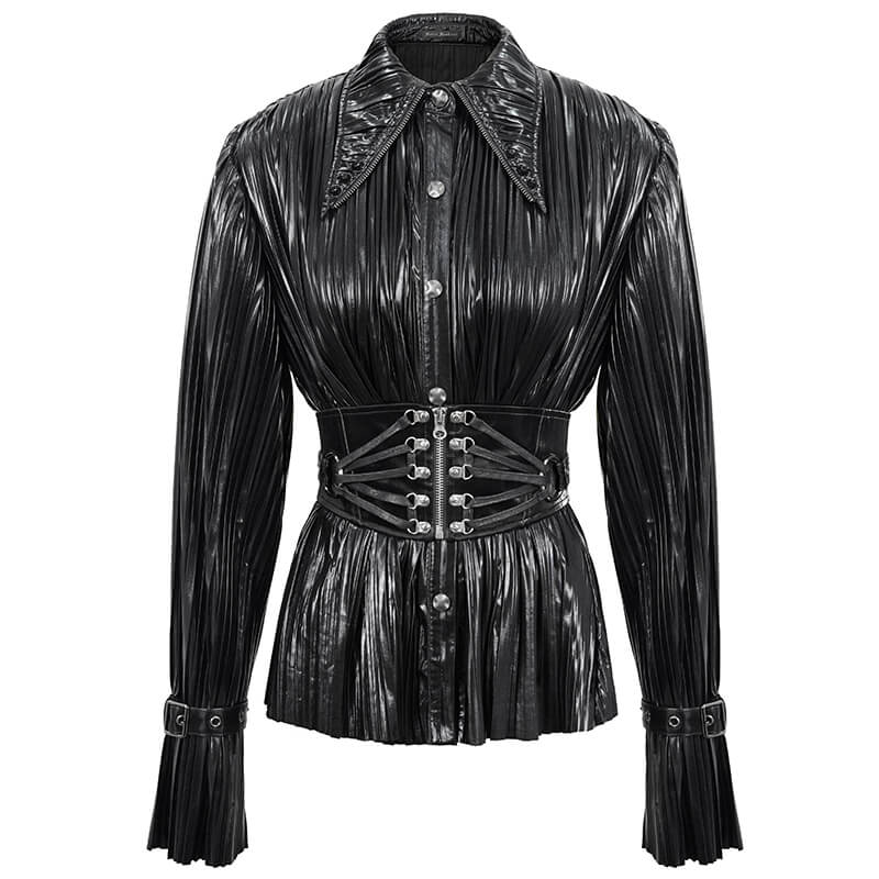 Women's cyberpunk bright black pleated blouse with long ruffle sleeves and pointed collar.