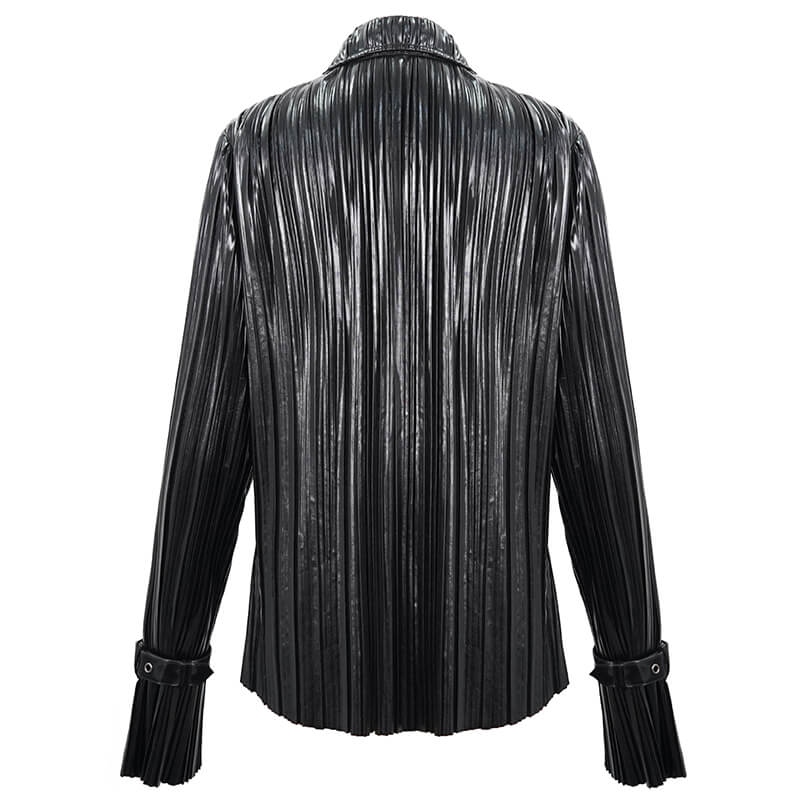 Back view of a sleek black pleated blouse with ruffle sleeves, perfect for a chic cyberpunk outfit.