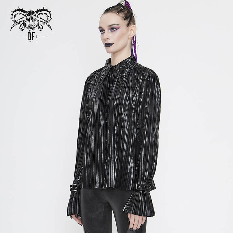 Stylish women's black pleated blouse with long ruffle sleeves in cyberpunk style.