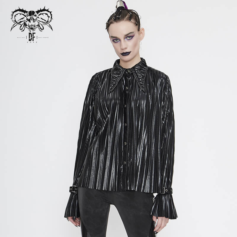 Women's black pleated cyberpunk blouse with ruffle sleeves and pointed collar, perfect for unique style!