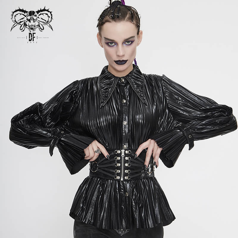 Women's bright black pleated blouse with long ruffle sleeves in cyberpunk style.
