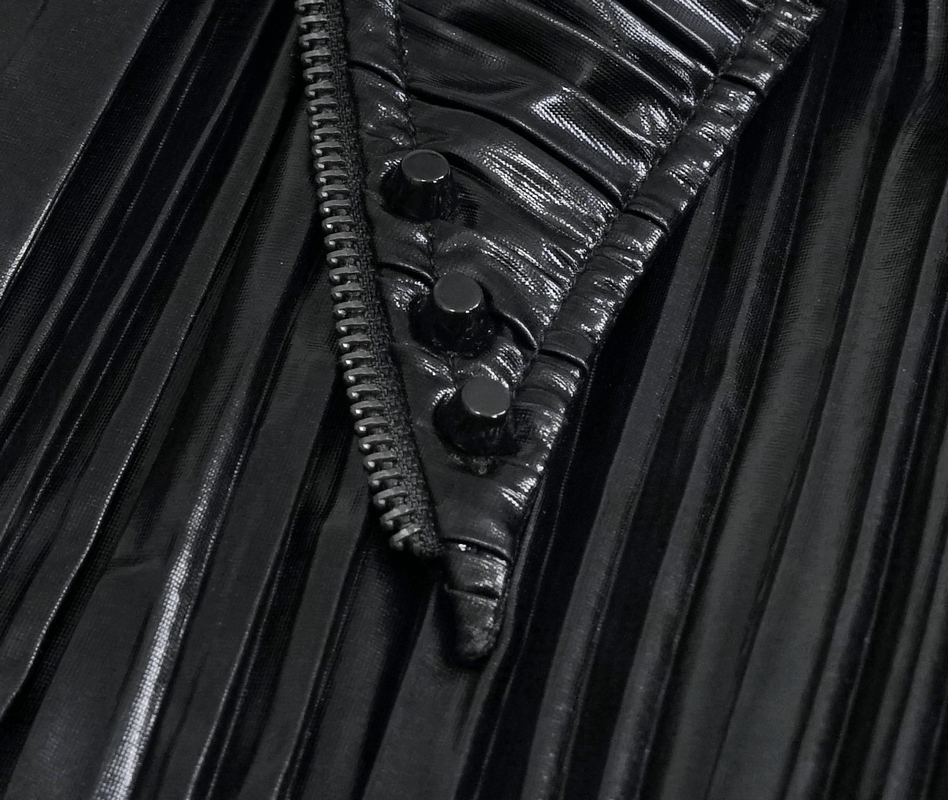 Close-up of a women's black pleated blouse featuring a shiny finish and zipper detail, ideal for cyberpunk style.
