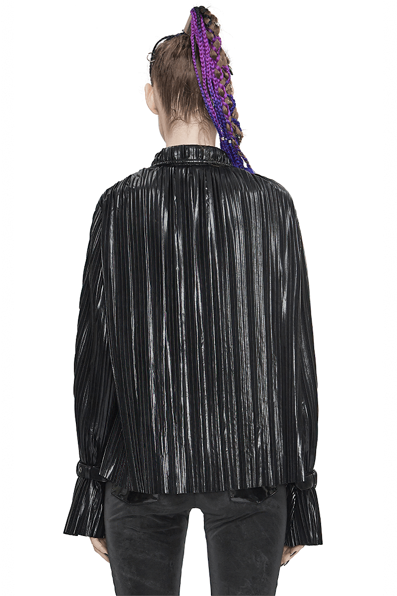 Women's Bright Black Pleated Long Ruffle Sleeved Blouse / Cyberpunk Loose Pointed collar Shirts - HARD'N'HEAVY